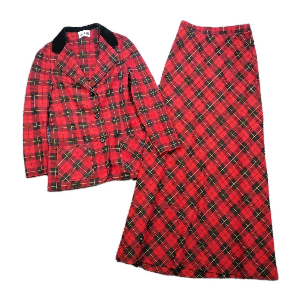Union Made ILGWU Womens Tartan Plaid Skirt & Jacket Set Velvet Trim Christmas
